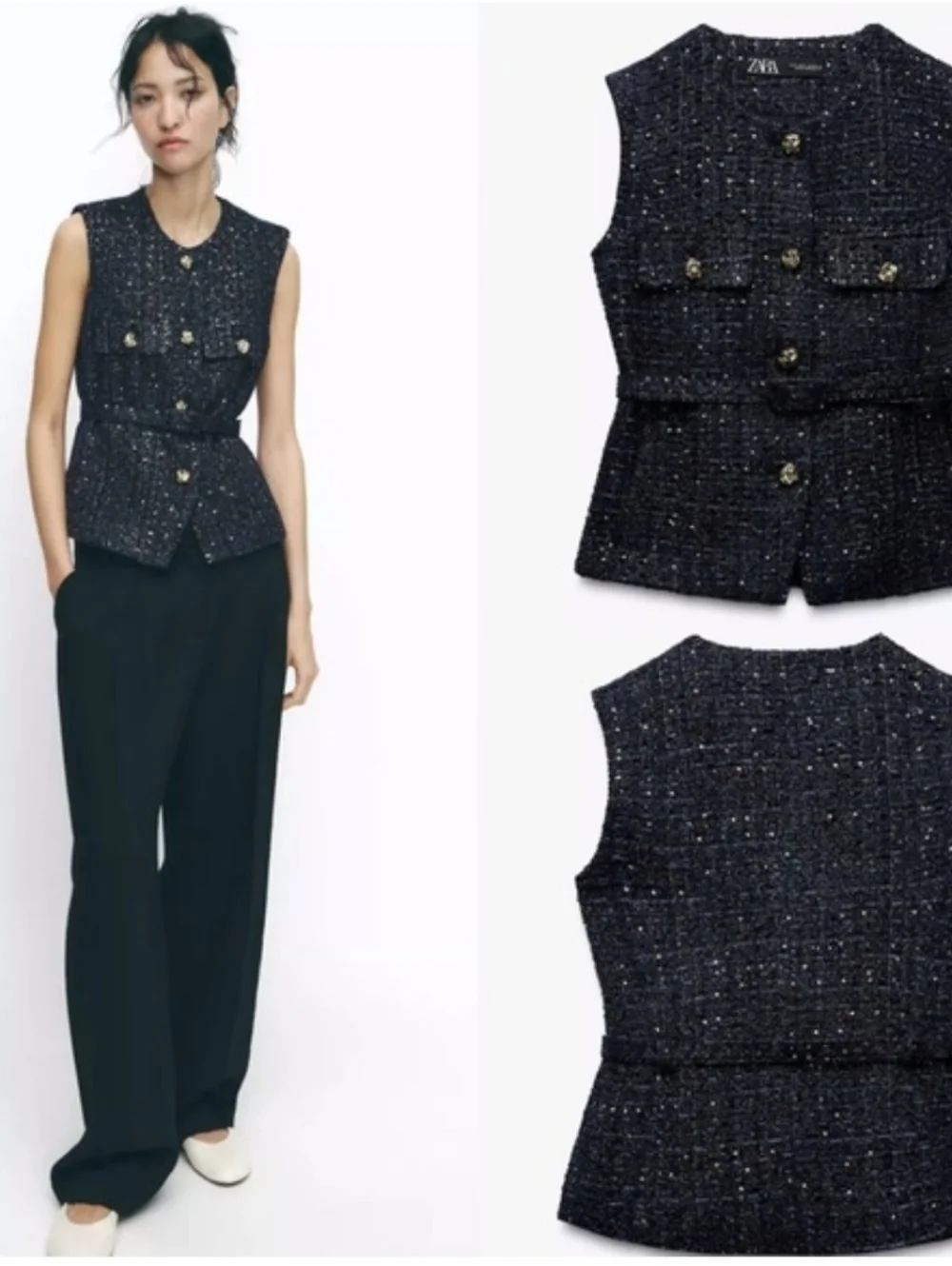 Zara Belted Seqiin Structured  Vest Navy  Size M - Picture 11 of 13